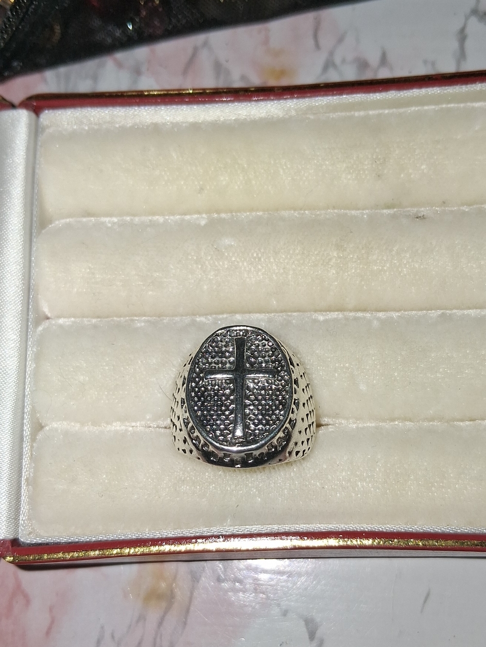 Sterling Silver Men’s Cross Signet Ring - Black Accents